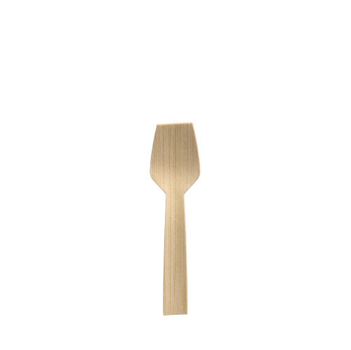 Ein einzelner PAPSTAR 50 Eislöffel, Bambus „pure“ (9,2 cm) von der PAPSTAR GmbH, mit geraden Linien und einem flachen, breiten Griff, biologisch abbaubar und umweltfreundlich, mittig auf weißem Hintergrund.