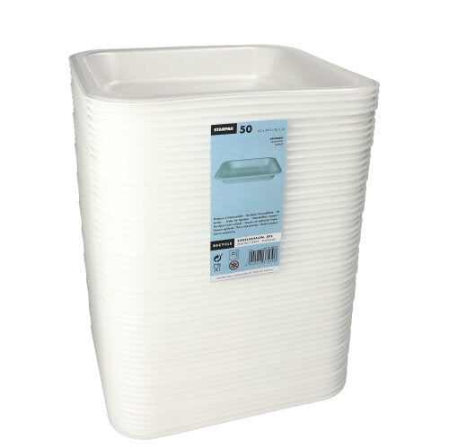 Abgebildet ist ein Stapel von 50 weißen Starpak Siegelschalen XPS-Schalen (4,2 x 24,5 x 26,5 cm, laminiert) mit leicht erhöhten Kanten und einem blauen Etikett mit der Marke Starpak und Produktinformationen auf der Vorderseite.