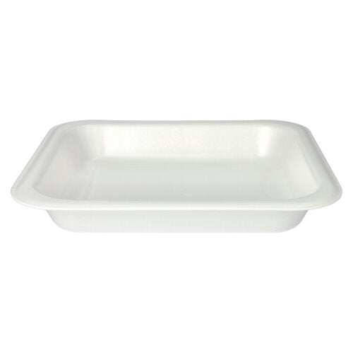 Die Starpak 50 Siegelschalen XPS in Weiß (4,2 x 24,5 x 26,5 cm) sind rechteckige, laminierte Lebensmittelschalen mit flachen Seiten und abgerundeten Ecken – perfekt für die Gastronomie – und werden vor einem schlichten weißen Hintergrund präsentiert.