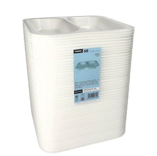 Ein Stapel weißer, laminierter Starpak 50 Siegelschalen (XPS, 4,2 x 24,5 x 26,5 cm), jede mit zwei Fächern, hygienisch verpackt in Klarsichtfolie mit einem blau-weißen Etikett, auf dem 50 Schalen pro Packung angegeben sind.