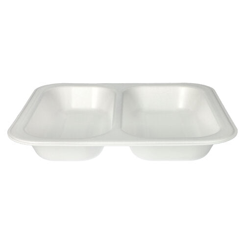 Eine weiße, rechteckige Starpak 50 Siegelschalen XPS-Schale (4,2 x 24,5 x 26,5 cm, weiss laminiert) mit zwei Fächern, ideal für hygienische Mahlzeitenverpackungen, ist aus leicht erhöhtem Winkel vor einem schlichten Hintergrund abgebildet.