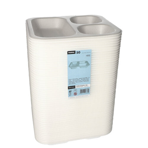 Ein Stapel Starpak 50 Siegelschalen – weiße, laminierte XPS-Schalen mit drei Fächern (4,2 × 24,5 × 26,5 cm), in durchsichtige Plastikfolie eingewickelt und mit einem blauen Etikett versehen – ideal für Gastronomie und Lebensmittelverpackungen.