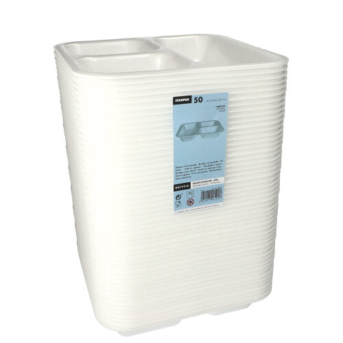 Abgebildet ist ein Stapel weißer, laminierter Starpak Siegelschalen-Lebensmittelschalen (4,2 x 24,5 x 26,5 cm) mit zwei Fächern; ideal für den Gastronomieeinsatz, die Packung enthält 50 XPS-Schalen.