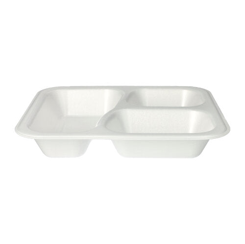 The Starpak 100 sealing trays are white, laminated XPS food trays with three compartments (925 ml, 4.2 x 21.2 x 25 cm), ideal for separating food. Delivered in a pack of 100 in a foil bag.