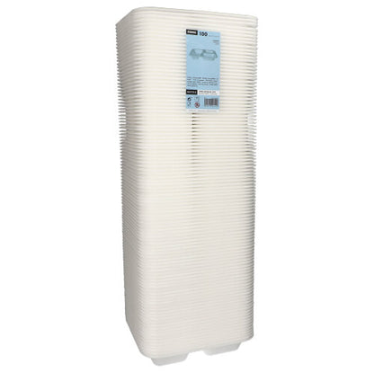 A stack of 100 Starpak sealing trays, XPS 3-divided, 925 ml oval, white laminated plates (4.2 x 21.2 x 25 cm), used as food packaging and featuring a product label, is depicted against a plain white background.