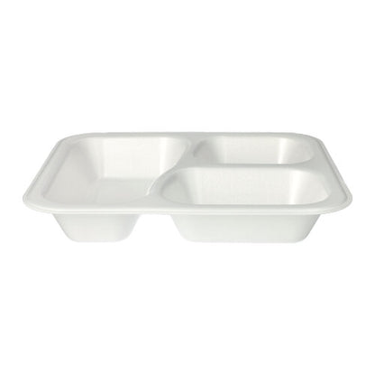 The Starpak 100 sealing trays are white, laminated XPS food trays with three compartments (925 ml, 4.2 x 21.2 x 25 cm), shown at an angle on a white background. Sold in a pack of 100 in foil bags.
