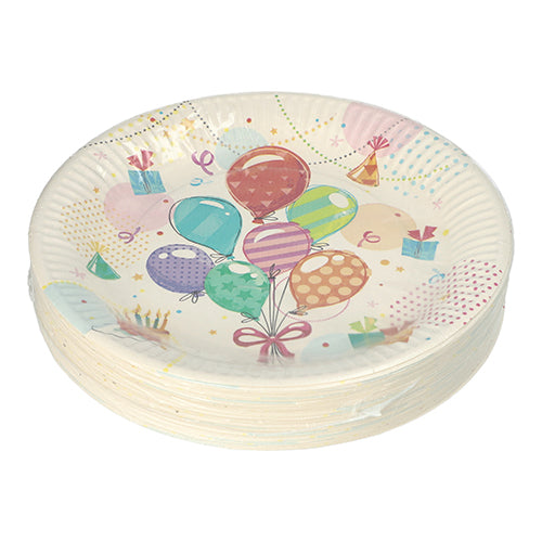 Der PAPSTAR 50 Teller, Pappe rund Ø 23 cm der PAPSTAR GmbH mit bunten Ballon-, Partyhut- und Geschenkmotiven – perfekt als umweltfreundlicher Einwegteller für Geburtstage oder Feiern.