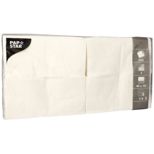 Eine versiegelte Packung mit 250 weißen Servietten der PAPSTAR GmbH, 2-lagig, 1/8-Falz, je 40x40 cm, in Folienverpackung mit Logo oben links und Produktinfo rechts.