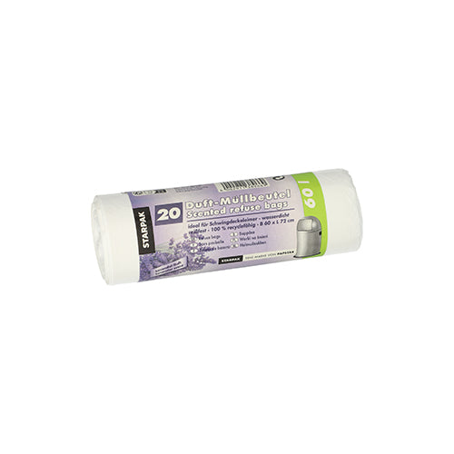 Eine Rolle mit 20 Starpak LDPE-Müllbeuteln (60 l, 72 x 60 cm) mit Lavendelduft, verpackt in einer weißen Hülle mit lila-grüner Banderole mit Produktdetails und Starpak-Branding.
