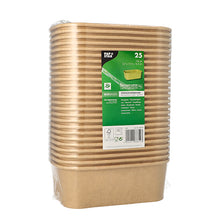 Ein Bündel aus 25 PAPSTAR Verpackungsbechern, rechteckig und braun aus Pappe, ist plastikverpackt und trägt ein grünes Label mit Infos und Symbolen für biobasierte, nachhaltige Materialien von PAPSTAR GmbH.