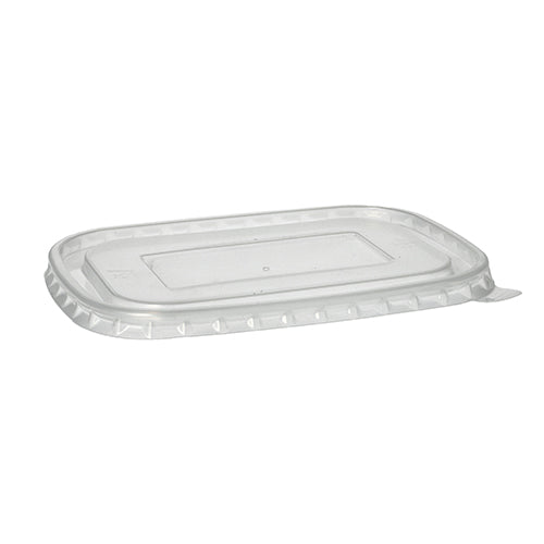 Der Starpak 25 Deckel für Verpackungsbecher aus PP, rechteckig (1 cm x 17,3 cm x 12,3 cm) in transparenter Folie wird vor weißem Hintergrund gezeigt. Der Deckel hat eine klare Farbe, einen leicht erhöhten Rand und ein flaches Zentrum.