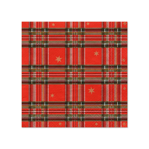 Die rote, 3-lagige PAPSTAR-Serviette (25 x 25 cm, 1/4-Falz) der PAPSTAR GmbH besticht durch ein Karomuster aus grünen, weißen und schwarzen Linien mit gleichmäßig verteilten kleinen goldenen Sternen. Die Packung enthält 20 Servietten.