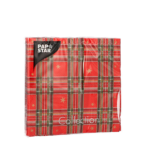 A pack of PAPSTAR 20 napkins (25x25 cm, 3-ply, 1/4-fold) of PAPSTAR GmbH contains red napkins with a green-yellow-white checkered and star pattern along with the logos “Pap Star” and “Collection.”