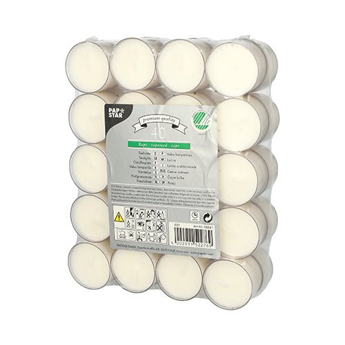 Abgebildet ist eine eingeschweißte Packung mit 40 weißen PAPSTAR Teelichtern (Ø 38 mm, 24 mm) in Polycarbonathaltern im Format 5 x 8. Auf dem Vorderetikett sind Produktinformationen, Symbole und das Logo der PAPSTAR GmbH abgebildet.