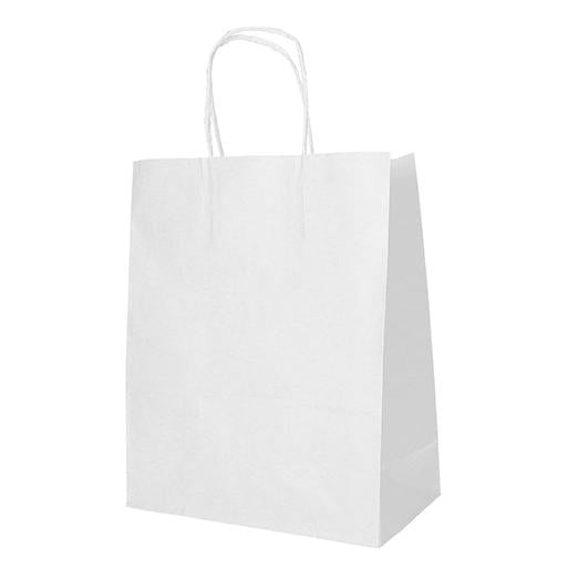 Eine schlichte weiße PAPSTAR 25 Tragetaschen, Papier mit gedrehtem Tragegriff der PAPSTAR GmbH steht aufrecht vor einem weißen Hintergrund. Die Papiertüte ist leer und ohne Marke.