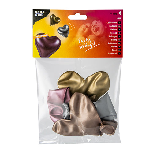 The PAPSTAR 4 large balloons by PAPSTAR GmbH include four uninflated heart balloons in metallic gold, silver, rose gold, and bronze in a clear packaging with branding and balloon motifs – ideal for festive decoration.