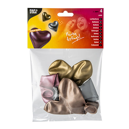 The PAPSTAR 4 large balloons by PAPSTAR GmbH include four uninflated heart balloons in metallic gold, silver, rose gold, and bronze in a clear packaging with branding and balloon motifs – ideal for festive decoration.