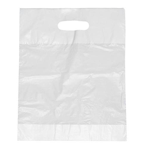 Die Starpak 100 Griffloch-Tragetaschen, HDPE weiss von Starpak sind durchsichtige, strapazierfähige rechteckige Taschen mit gestanztem Griff, die leer vor einem schlichten weißen Hintergrund abgebildet sind.