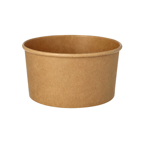 Die Starpak 50 Salatschalen sind runde, braune Papierschalen mit glatten Seiten und ohne Deckel, hergestellt aus umweltfreundlicher Pappe mit PE-Beschichtung – ideal für Salate und nachhaltige Nutzung.