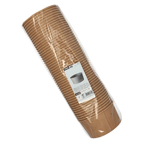 Ein Stapel von 50 Starpak Salatschalen, rund, braun, aus Pappe mit PE-Beschichtung, ist plastikverpackt und mit einem Etikett versehen, das Menge und Produktspezifikationen zeigt.
