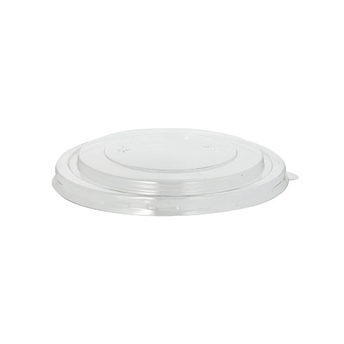 The Starpak 50 lid for salad bowls, round, clear, 2 cm height, PET is a clear, flat plastic lid with a slightly raised center and small tab for easy removal, suitable for round salad bowls.