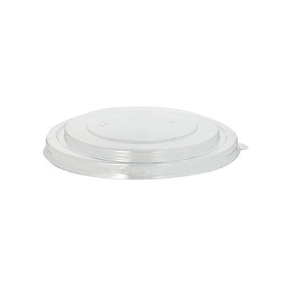 The Starpak 50 lid for salad bowls, round, clear, 2 cm height, PET is a clear, flat plastic lid with a slightly raised center and small tab for easy removal, suitable for round salad bowls.