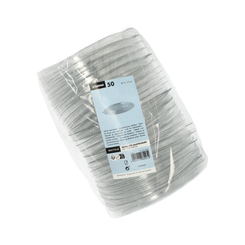Eine Packung mit 50 runden, durchsichtigen PET-Deckeln (2 cm hoch) für Salatschüsseln von Starpak, in Plastik eingewickelt und mit einem Etikett auf der Vorderseite versehen, auf dem die Marke Starpak, die Menge und die Gebrauchsanweisung angegeben sind.