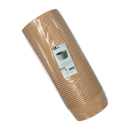 Abgebildet ist ein in durchsichtige Folie eingewickelter Stapel Starpak 50 Salatschalen, Pappe mit PE-Beschichtung rund braun, auf der Seite liegend, mit einem weißen Etikett mit Produktinformationen.
