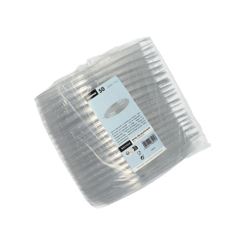 Ein Stapel von 50 durchsichtigen, runden Deckeln (2 cm hoch) aus strapazierfähigem PET von Starpak wird zusammen verpackt und in Plastik eingewickelt, wobei sich auf der Verpackung ein weißes Etikett mit Produktdetails und einem Barcode befindet.
