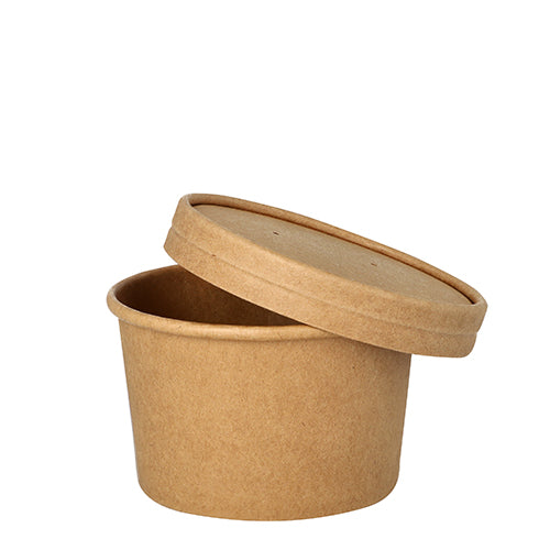 Die Starpak 25 Suppenbecher aus brauner, unbleichter Pappe (230 ml, Ø 9,8 cm, 6 cm) mit passendem Deckel sind umweltfreundlich und werden auf weißem Hintergrund präsentiert.