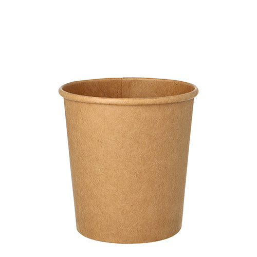Ein Starpak 25 Suppenbecher, Pappe rund 470 ml, Ø 9,8 cm, braun, ist vor weißem Hintergrund abgebildet. Der umweltfreundliche Becher hat glatte Seiten und einen gerollten Rand. Das Set enthält 25 Stück.