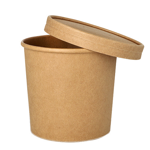 Der Starpak 25 Suppenbecher, Pappe rund Ø 11,5 cm in Braun mit passendem Deckel liegt teilweise geöffnet auf dem Behälter auf, ideal für den Genuss von Suppen unterwegs oder To-Go-Mahlzeiten, alles vor einem sauberen weißen Hintergrund.