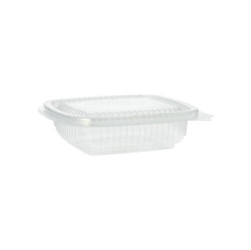 Der Starpak 100 Verpackungsbecher mit Klappdeckeln, PP rechteckig, transparent, ist von der Seite vor weißem Hintergrund abgebildet. Dieser leere rechteckige Starpak-Behälter verfügt über geriffelte Seiten und einen sicheren Klappdeckel.