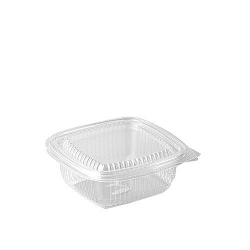 Der Starpak 100 Verpackungsbecher mit Klappdeckeln ist ein transparenter, rechteckiger Behälter zum Mitnehmen aus Polypropylen, der geschlossen vor einem schlichten weißen Hintergrund abgebildet ist.