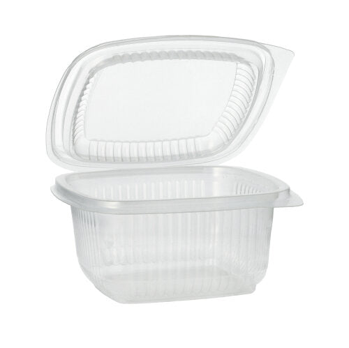 Ein transparenter Starpak 100 Verpackungsbecher mit Klappdeckeln aus PP, rechteckig, ist offen und steht auf weißem Hintergrund.