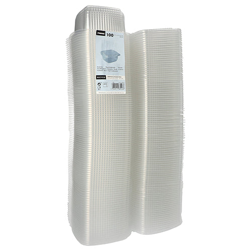 Ein Bündel von 100 Starpak-Verpackungsbechern mit Klappdeckeln, PP, rechteckig, transparent, ist in einer durchsichtigen Verpackung mit einem weißen Starpak-Etikett mit schwarzem Text und einem Barcode oben verpackt.