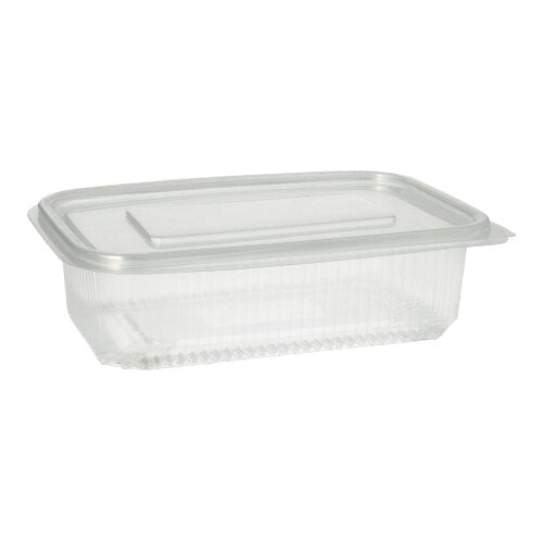 A Starpak 50 packaging cup with hinged lids, PP transparent rectangular, rests on a plain white background with a closed clear lid.