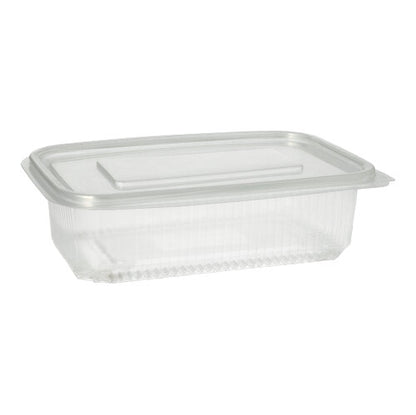 A Starpak 50 packaging cup with hinged lids, PP transparent rectangular, rests on a plain white background with a closed clear lid.