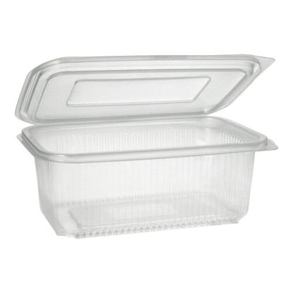 The Starpak 50 packaging cup with hinged lids is a transparent, rectangular PP container with a ribbed structure and hinged lid, ideal for the safe storage of food.