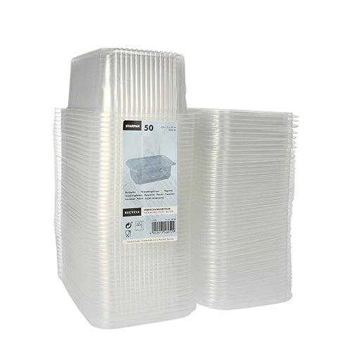 Abgebildet ist ein Stapel von 50 Starpak Verpackungsbechern mit Klappdeckeln (PP, transparent, rechteckig), einer davon mit einem Produktetikett mit Details und Recyclingsymbolen.