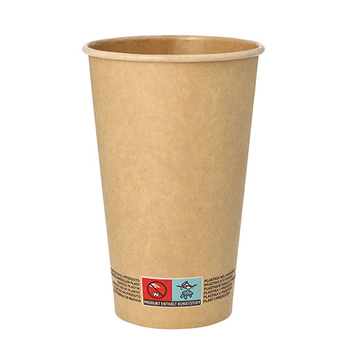 Ein brauner PAPSTAR 50 Trinkbecher, Pappe 0,4 l, von der PAPSTAR GmbH, mit einem kleinen Etikett mit Warnsymbolen und Text am unteren Rand, abgebildet auf weißem Hintergrund.
