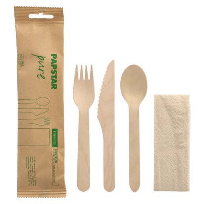 The PAPSTAR 50 cutlery sets, wood "pure" contains fork, knife, spoon, and a napkin in the paper bag, biodegradable and with "PAPSTAR pure" print – by PAPSTAR GmbH.