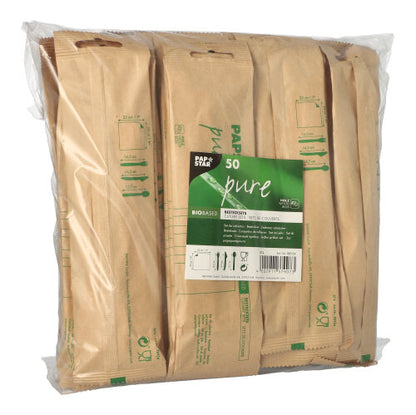 A clear packaging from PAPSTAR GmbH contains 50 "pure" wooden cutlery sets with napkins, each individually wrapped in biodegradable brown paper and labeled with the green "pure" inscription.