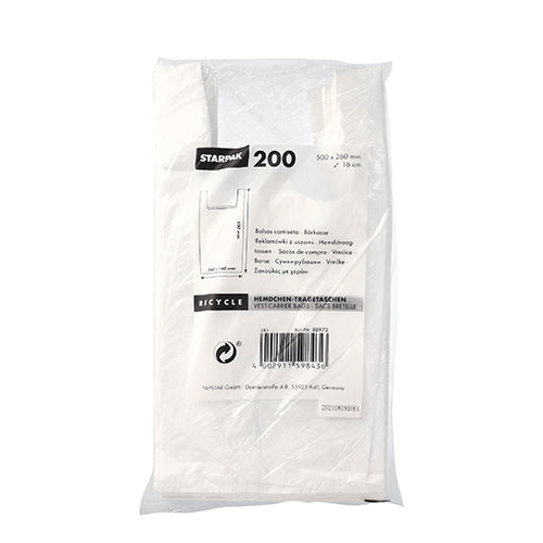 Eine transparente Kunststoffverpackung enthält 200 Starpak Hemdchen-Tragetaschen, HDPE weiß. Die Verpackung zeigt die Marke Starpak, Produktdetails und ein umweltfreundliches Recyclingsymbol in mehreren Sprachen.