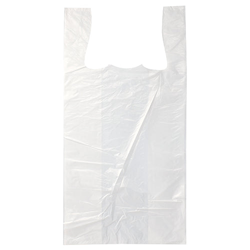 Eine Starpak 200 Hemdchen-Tragetasche aus weißem HDPE der Marke Starpak mit zwei Henkeln liegt flach und transparent auf weißem Hintergrund.