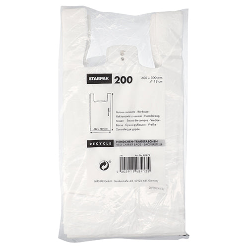 Eine Packung mit 200 Starpak Hemdchen-Tragetaschen, HDPE weiß, mit Produktabmessungen und umweltfreundlichen Recyclinginformationen, die in mehreren Sprachen auf der Verpackung aufgedruckt sind.