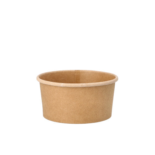 Ein leerer, runder Suppenbecher aus brauner Pappe mit Folienbeschichtung (PAPSTAR 25 Suppenbecher, 180 ml, Ø 9,8 cm) von PAPSTAR GmbH steht ohne Deckel zentriert vor weißem Hintergrund.