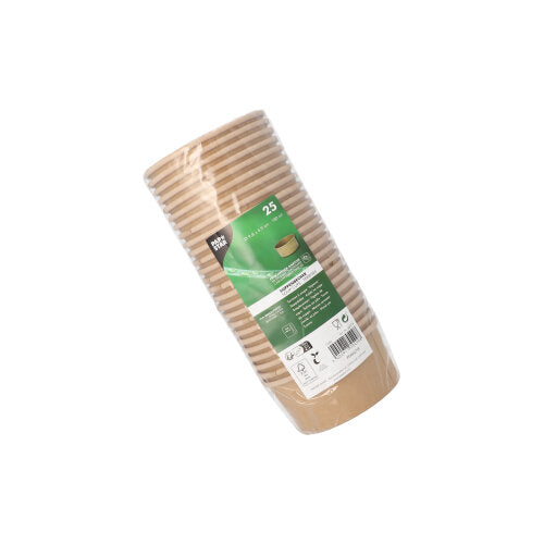 Ein Stapel brauner, runder PAPSTAR 25 Suppenbecher (180 ml, Ø9,8 cm) aus Karton, in Kunststofffolie eingewickelt, mit der Marke PAPSTAR GmbH.