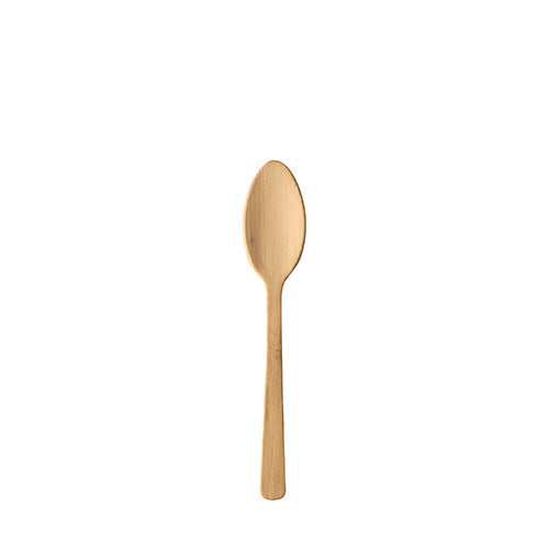 Ein einzelner PAPSTAR 50 Fingerfood-Löffel, Bambus „pure“ 9,5 cm der PAPSTAR GmbH steht senkrecht auf einem schlichten weißen Untergrund.