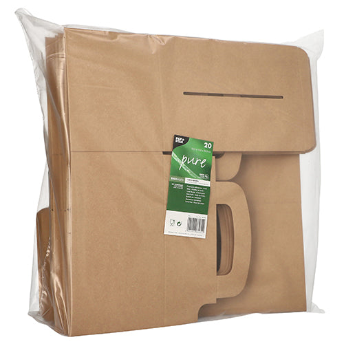In einem durchsichtigen Kunststoffbeutel befindet sich ein Stapel PAPSTAR 20 Lunch-Boxen, Pappe „pure“, eckig (12,5 x 15,5 x 22,5 cm) mit Tragegriff der PAPSTAR GmbH. Auf der Vorderseite der Verpackung ist ein grün-weißes Produktetikett sichtbar.